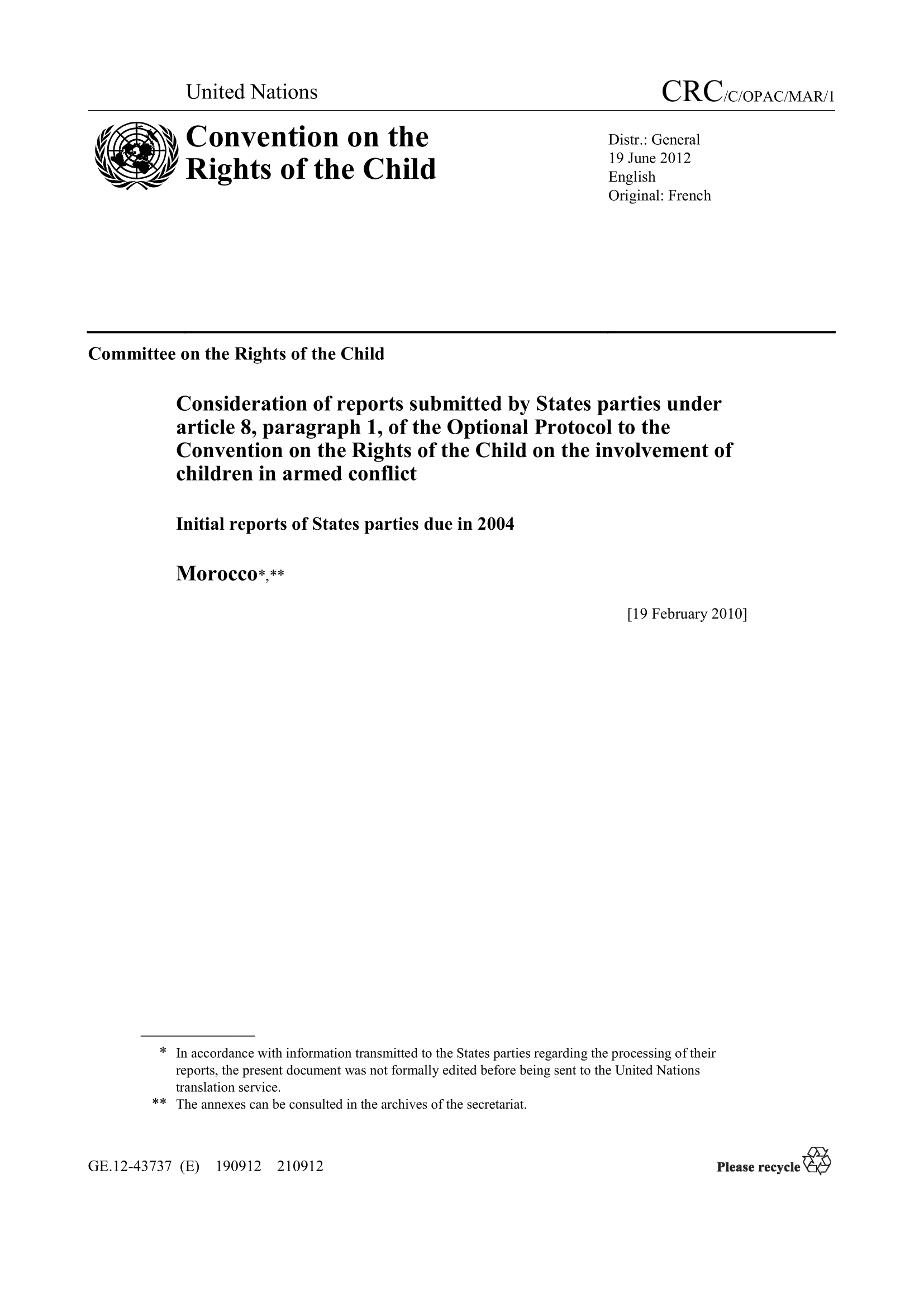 Consideration of the initial report submitted by Morocco under article 8, paragraph 1, of the Optional Protocol to the Convention on the Rights of the Child on the involvement of children in armed conflict