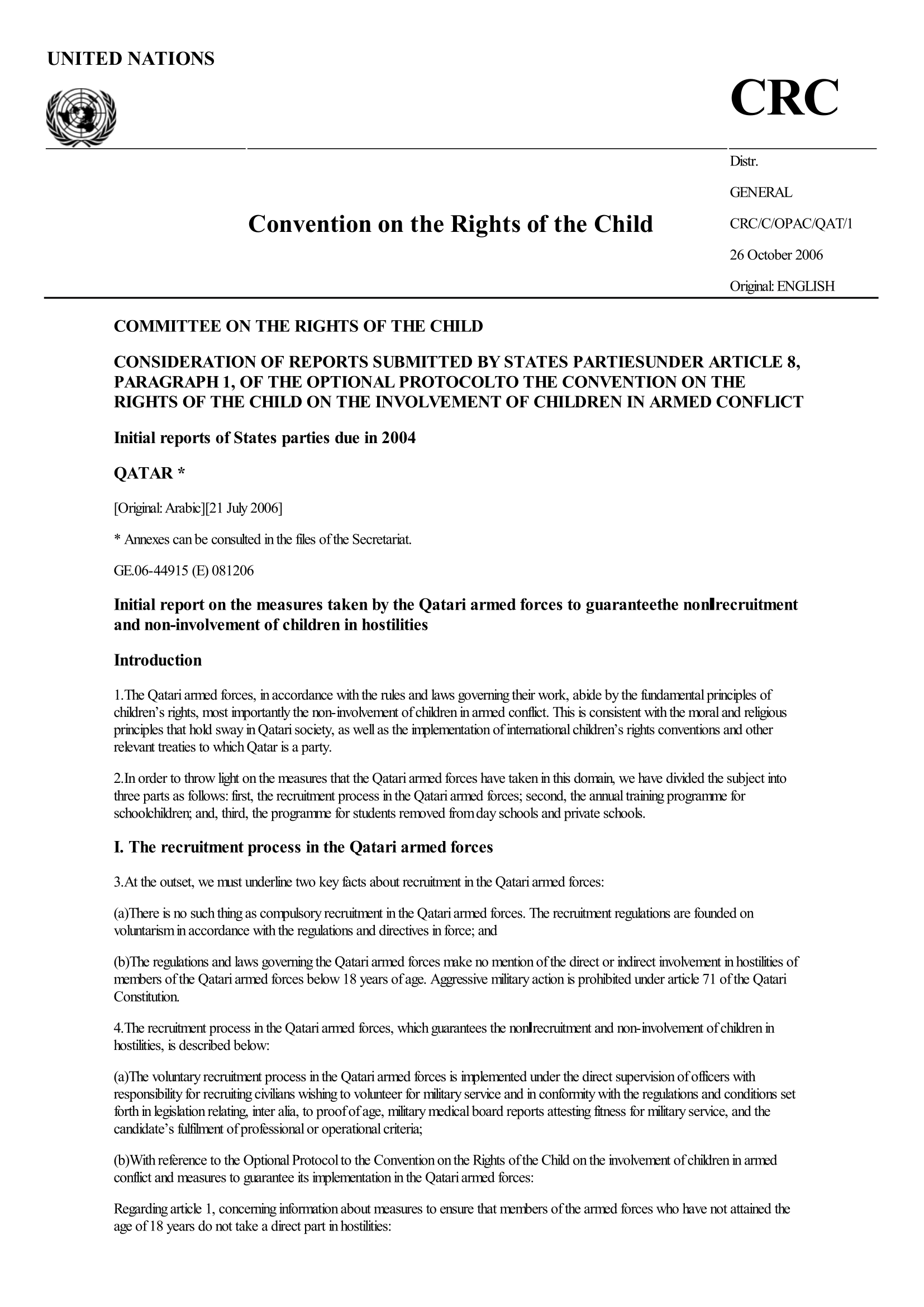 The initial report submitted by Qatar under article 8, paragraph 1, of the Optional Protocol to the Convention on the Rights of the Child on the involvement of children in armed conflict