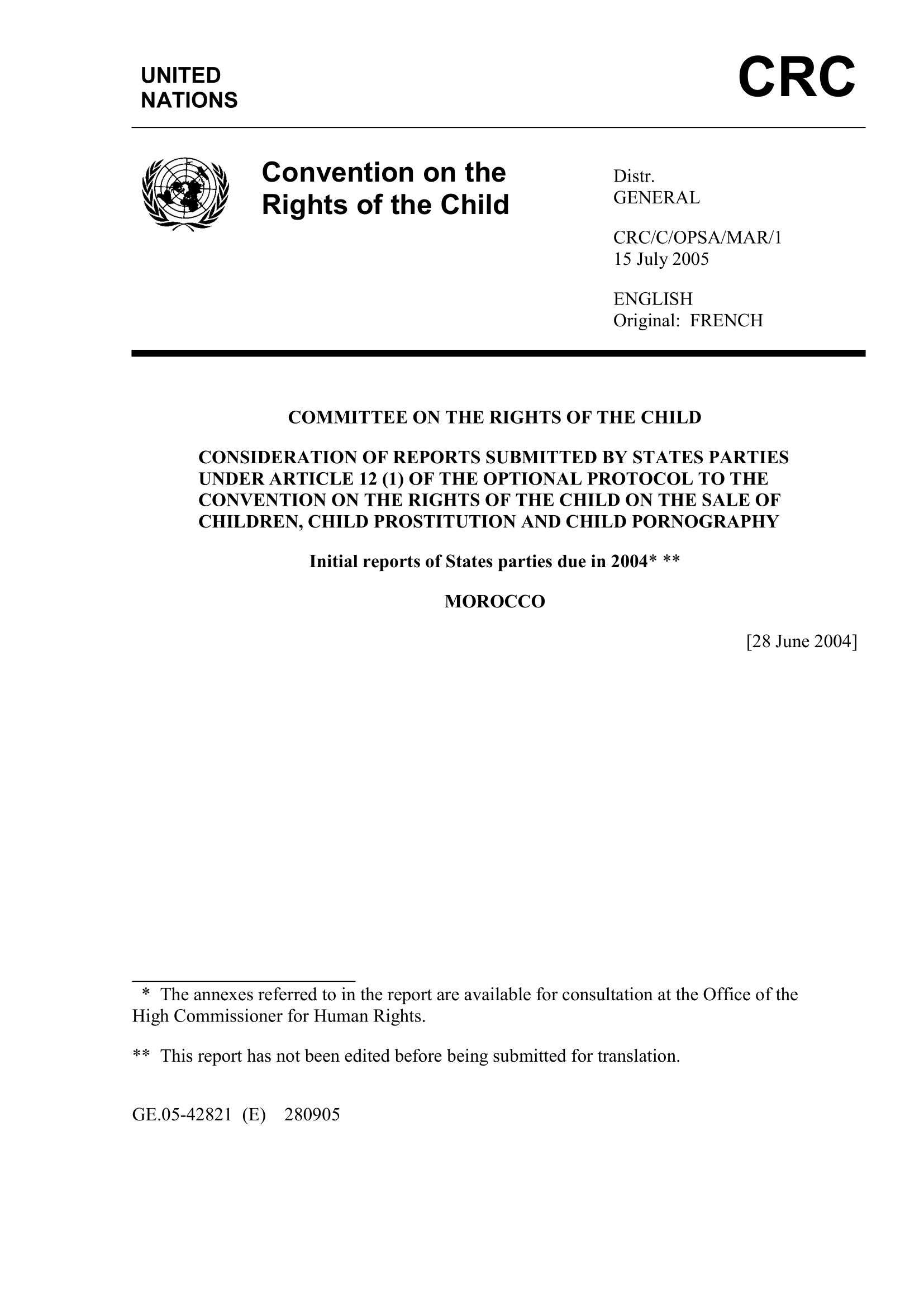 Consideration of the initial report submitted by Morocco under article 12 (1), of the Optional Protocol to the Convention on the Rights of the Child on the sale of children, child prostitution and child pornography