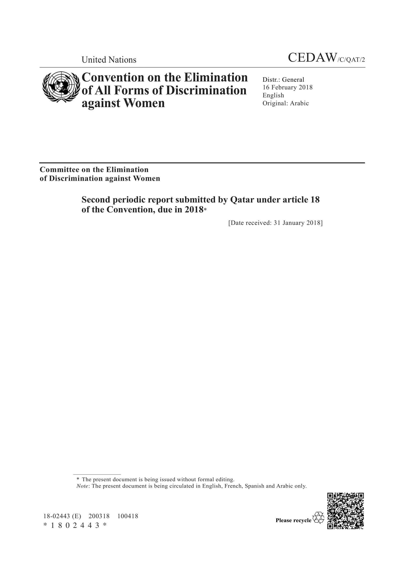 The second periodic report of Qatar on the implementation of the Convention on the Elimination of All Forms of Discrimination against Women