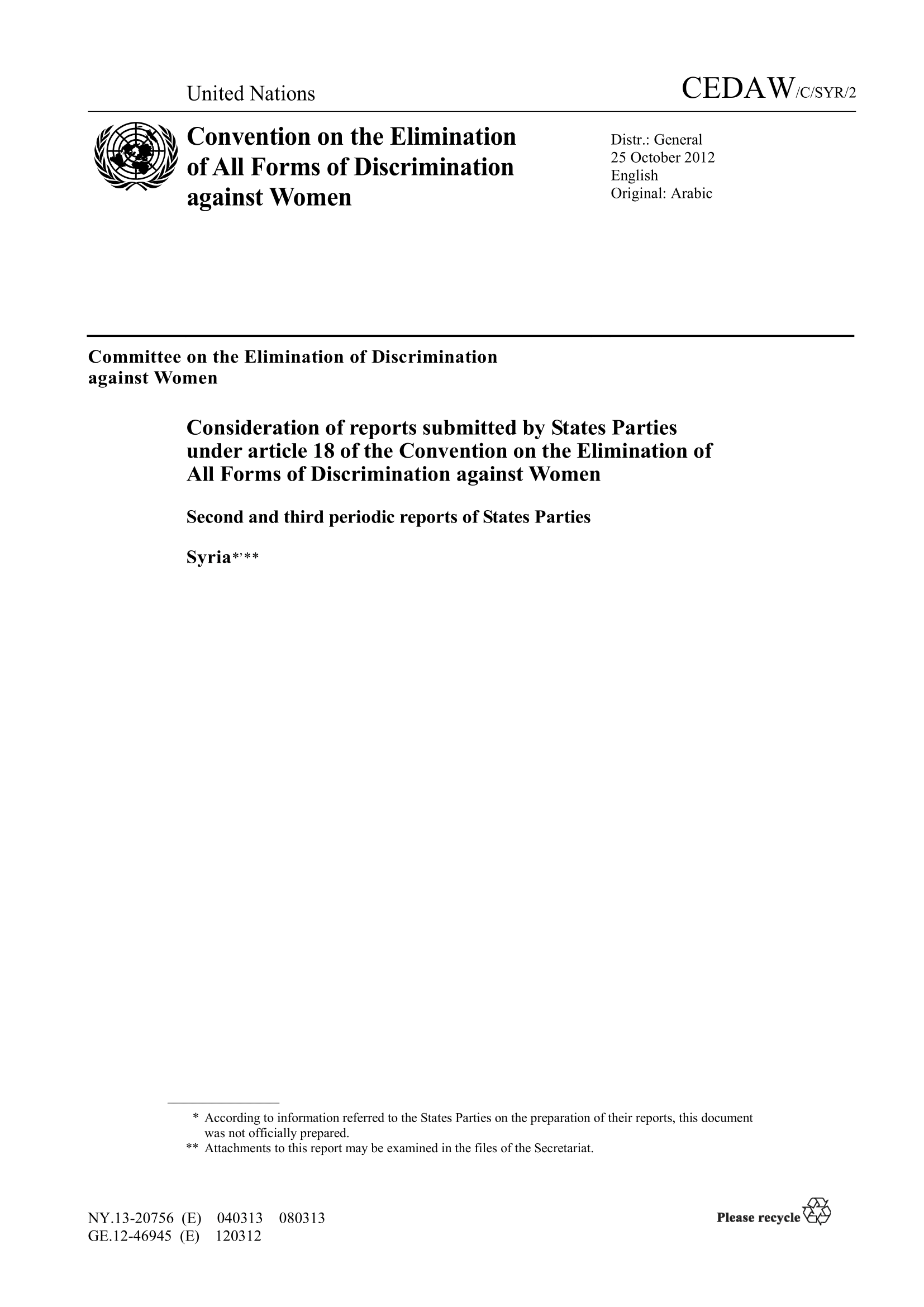 The Second and third periodic reports submitted by the Syrian Arab Republic under article 18 of the Convention on the Elimination of All Forms of Discrimination against Women